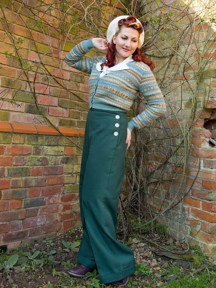 1940s Vintage Style Forest Green Swing Trousers Heyday Vintage Style