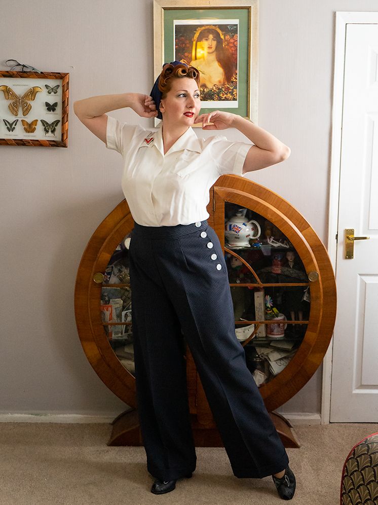 Ladies Swing Trousers Navy twin stripe