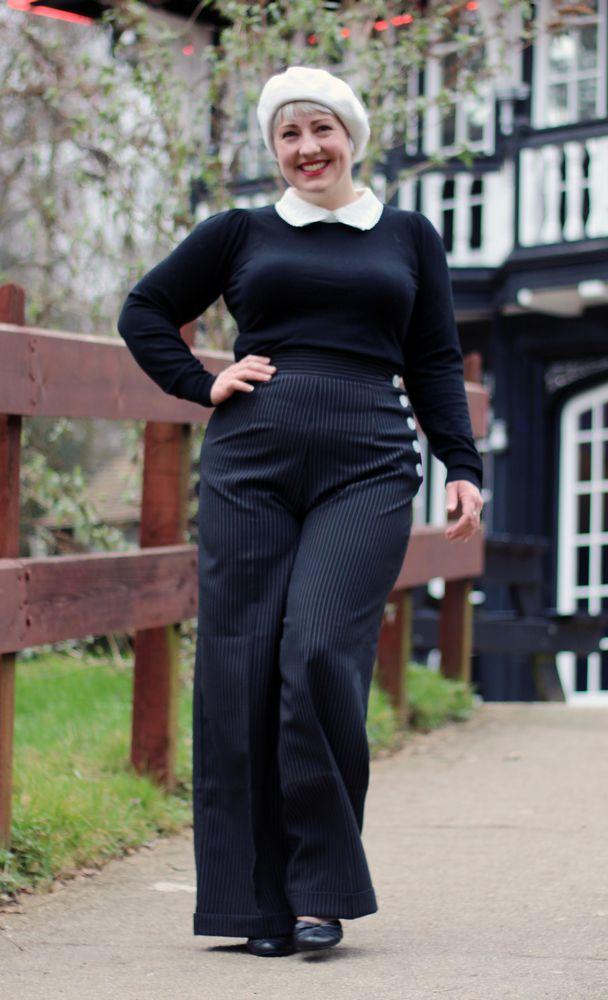 Ladies Swing Trousers Traditional black pinstripe SIZE 14 (INSIDE LEG MEASUREMENT
